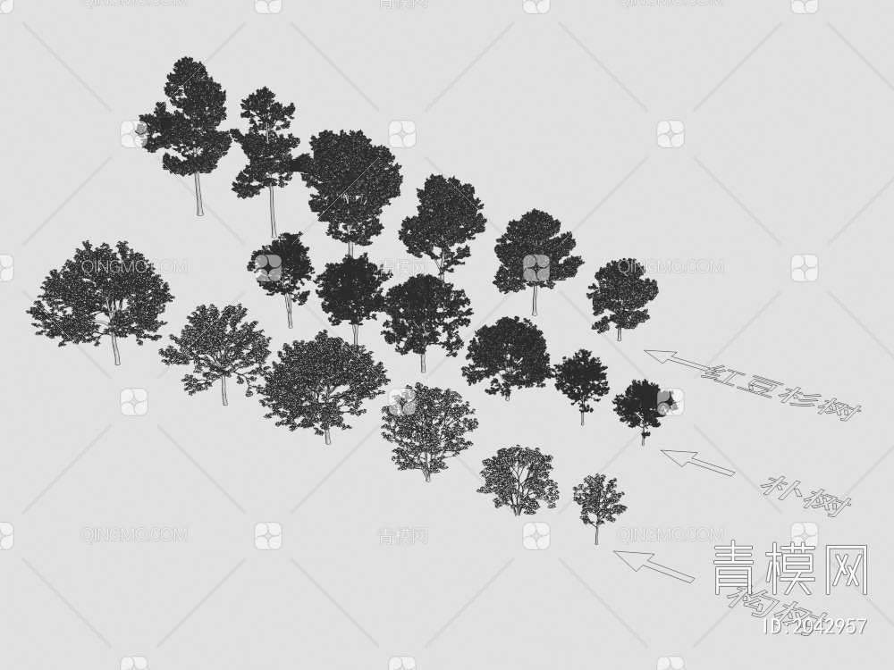 构树 红豆杉树 朴树 植物树3D模型下载【ID:2042957】