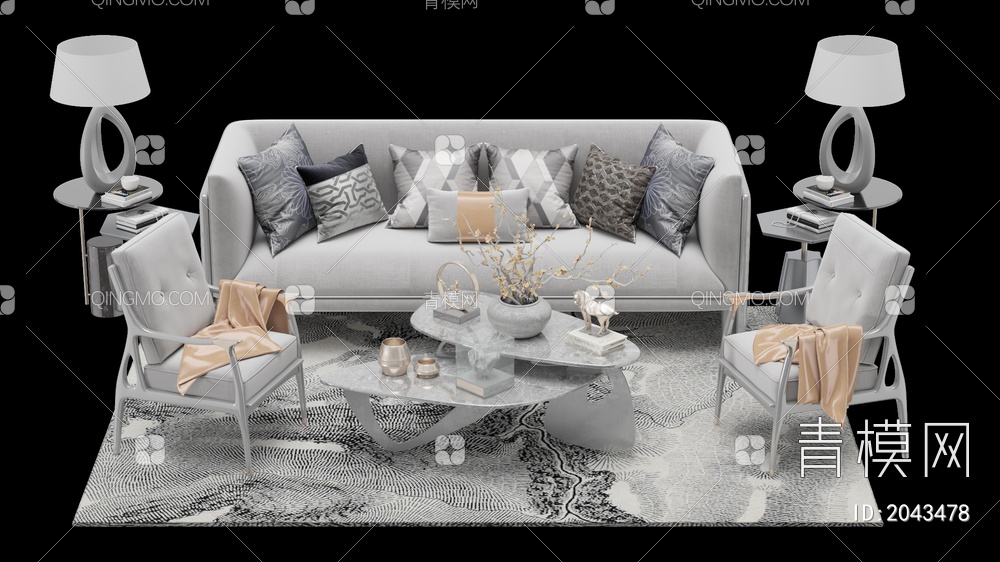 沙发座椅茶几摆件组合 多人沙发 单人沙发3D模型下载【ID:2043478】