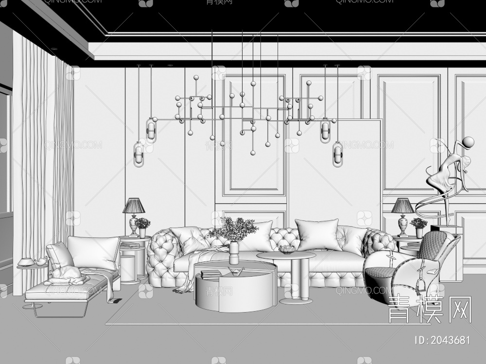 客厅 沙发茶几背景墙组合3D模型下载【ID:2043681】