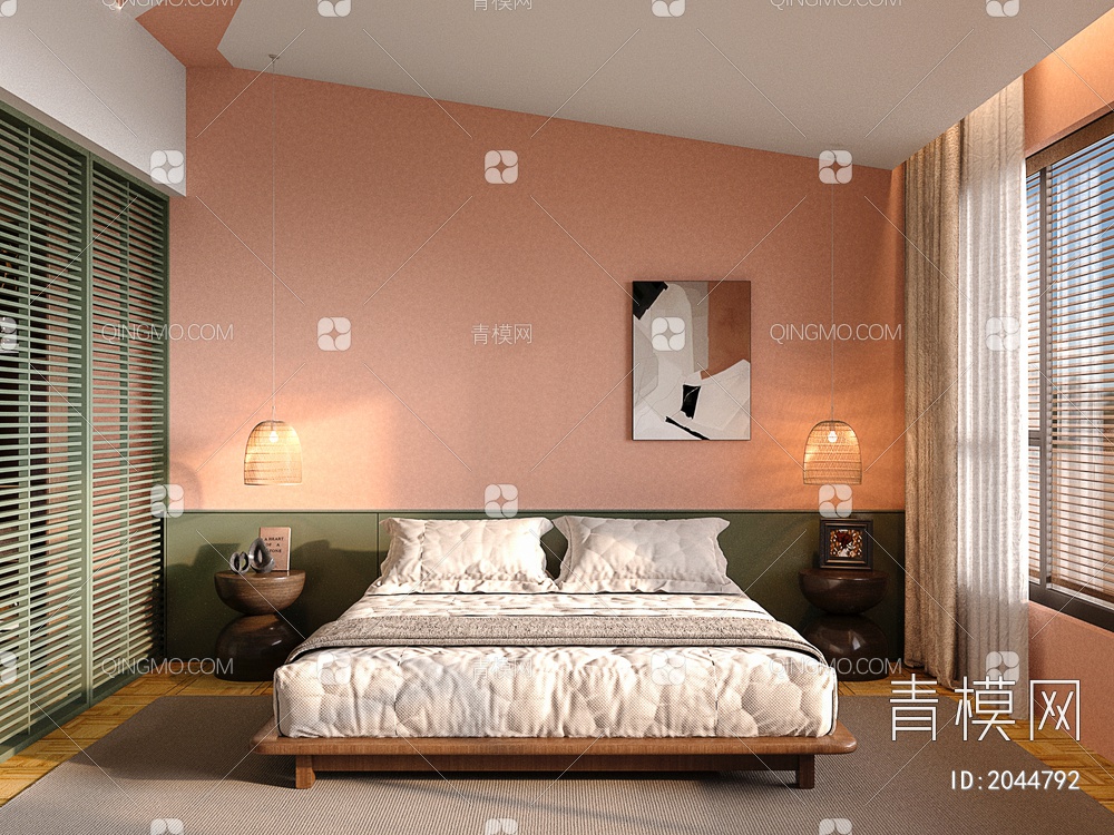 民宿客房,卧室，双人床，百叶帘3D模型下载【ID:2044792】