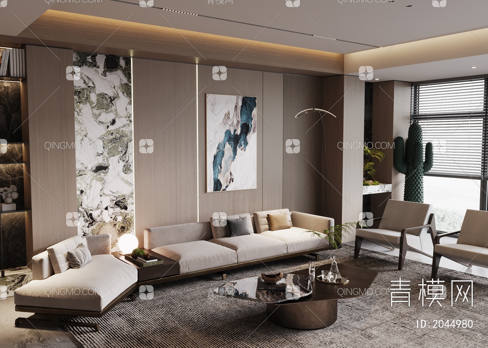 客厅 沙发茶几组合 沙发背景墙 摆件3D模型下载【ID:2044980】