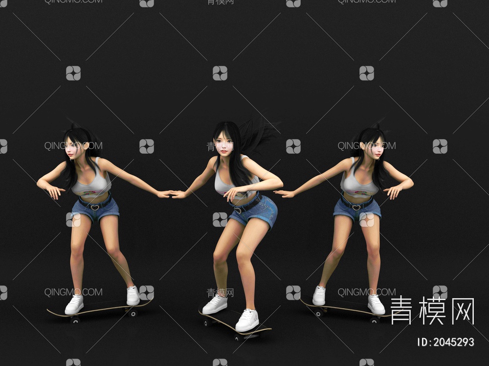 滑板女孩 运动少女 美女人物3D模型下载【ID:2045293】