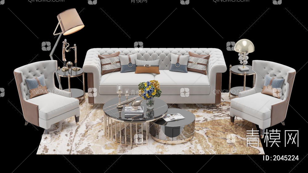沙发茶几组合 多人沙发 双人沙发 单人沙发3D模型下载【ID:2045224】