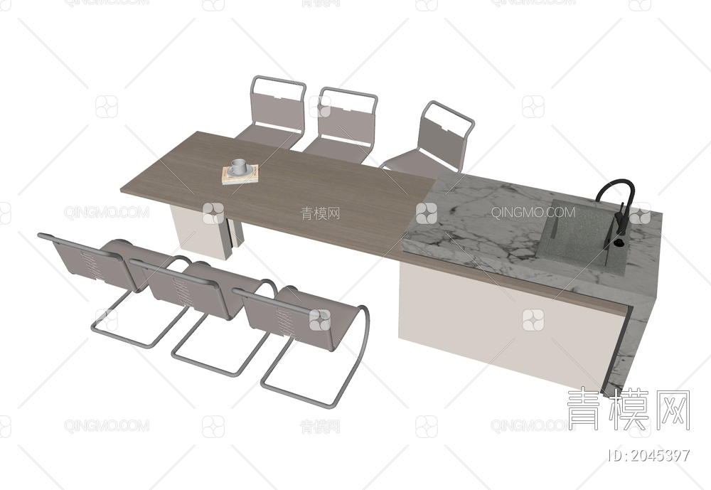 中岛台餐桌椅组合SU模型下载【ID:2045397】