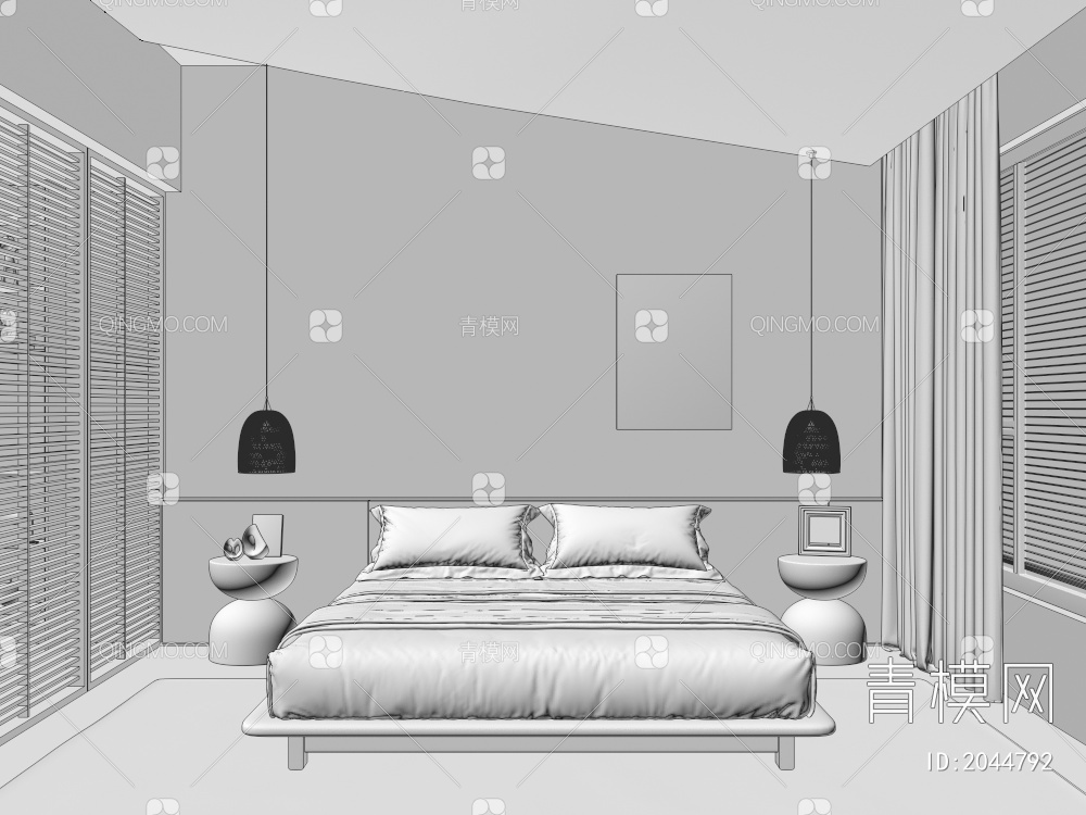 民宿客房,卧室，双人床，百叶帘3D模型下载【ID:2044792】