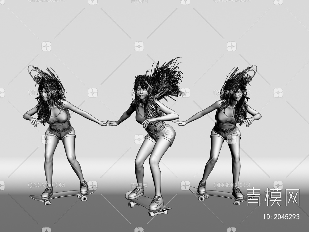 滑板女孩 运动少女 美女人物3D模型下载【ID:2045293】