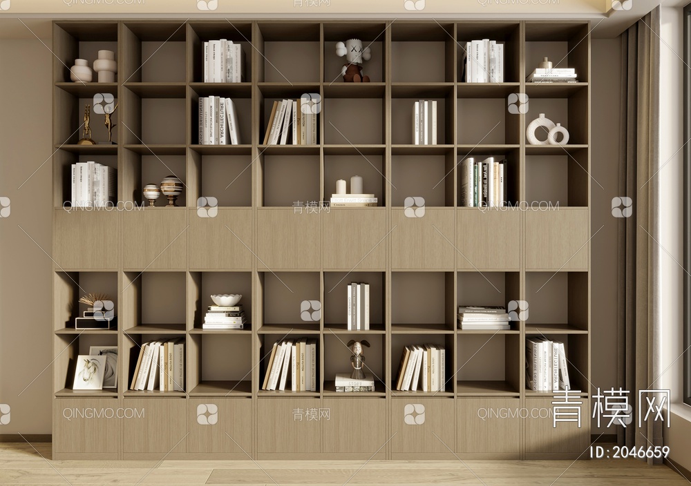 书柜 装饰柜 书柜 书籍组合 书架 摆件 装饰摆件 开放实木书柜3D模型下载【ID:2046659】