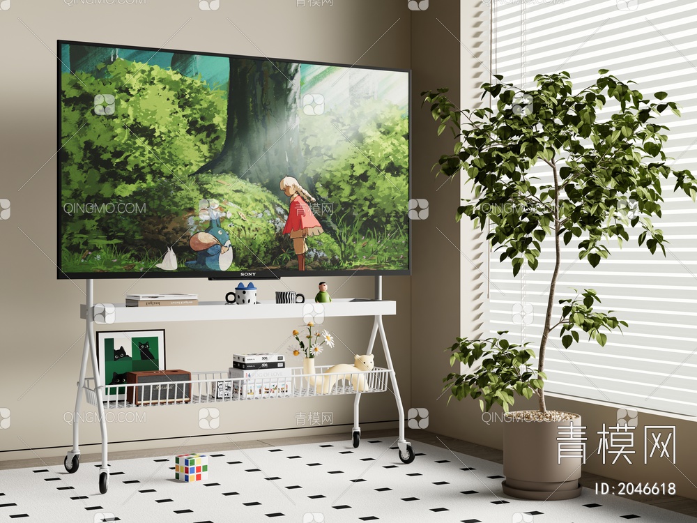 电视机支架 电视 可移动电视 绿植 盆栽3D模型下载【ID:2046618】