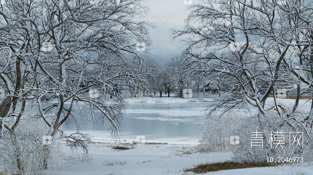 冬景雪景 河边水景冬景 冬季树木3D模型下载【ID:2046973】