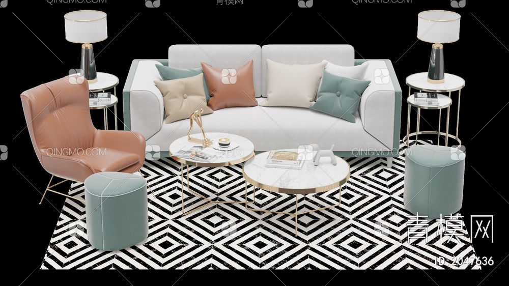 家具 沙发茶几组合 双人沙发 单人沙发 多人沙发3D模型下载【ID:2047636】
