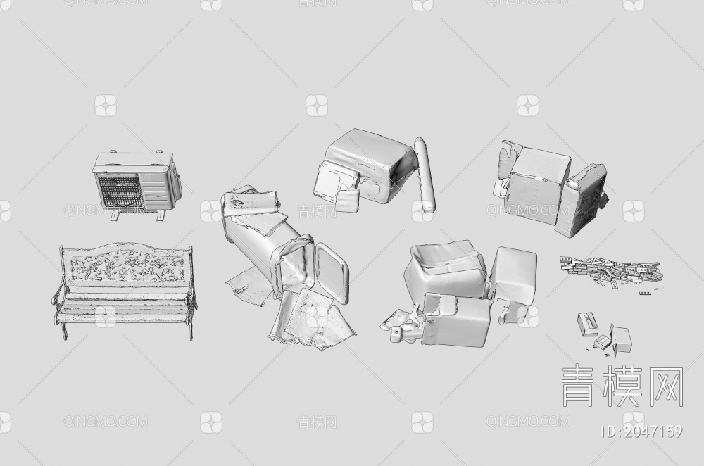 废旧家具 用品 纸箱 空调外机 垃圾桶 报纸 砖块3D模型下载【ID:2047159】