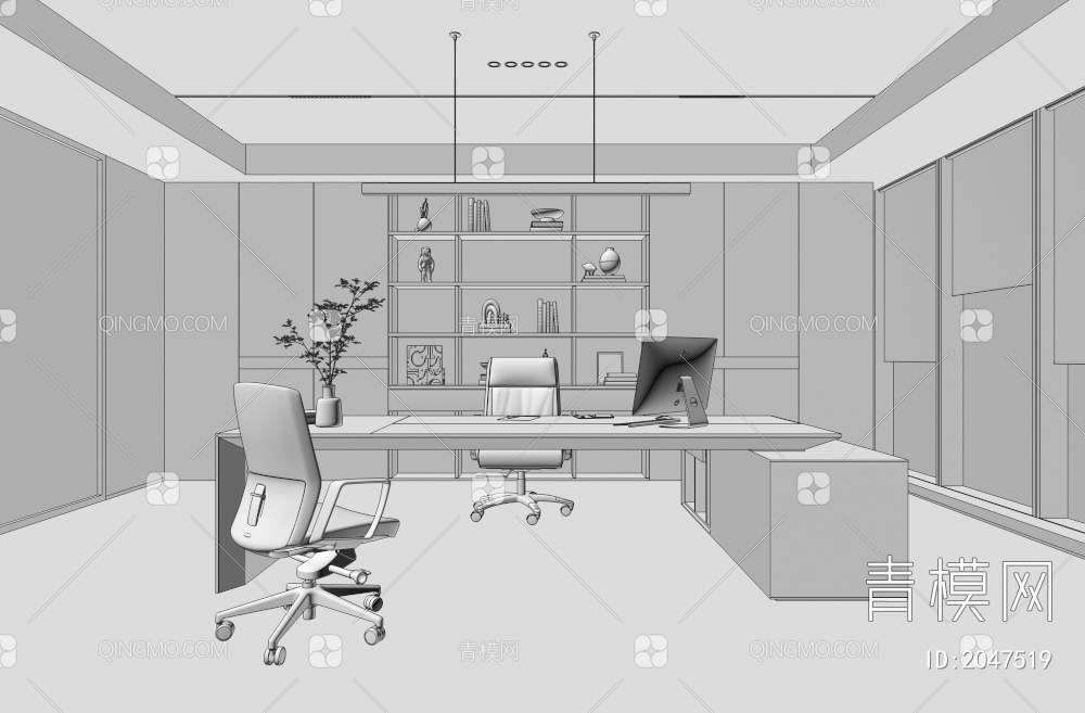 办公室 经理 办公桌椅 办公沙发 办公椅 书柜 地毯 装饰柜 卷帘3D模型下载【ID:2047519】