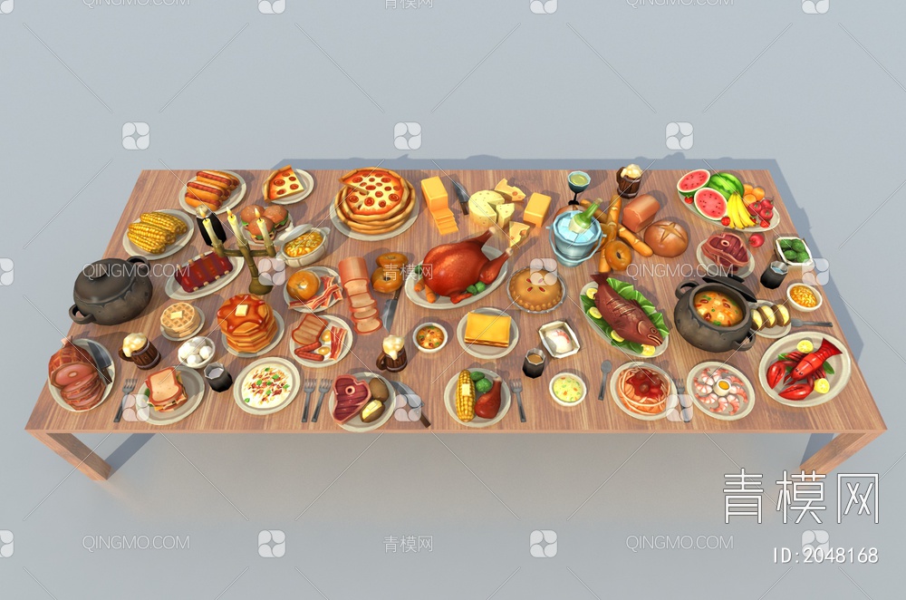 餐桌食物 中餐 西餐 面包 水果 熟食 鱼肉 披萨 刀叉3D模型下载【ID:2048168】
