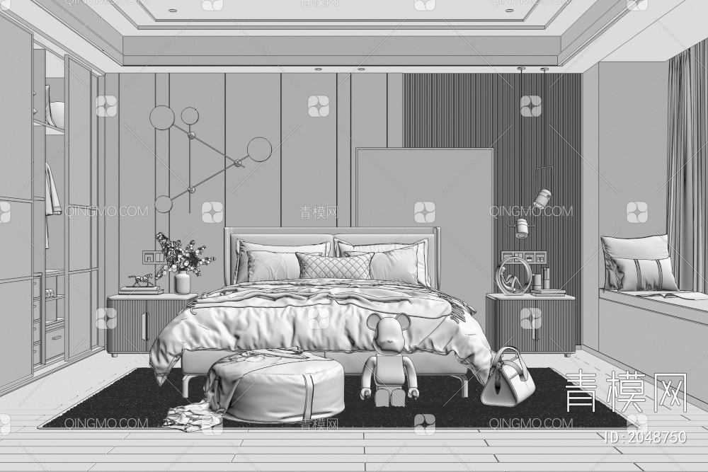 家居卧室 双人床3D模型下载【ID:2048750】