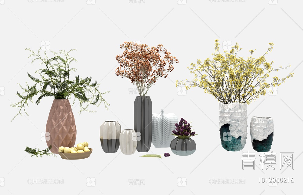 花瓶 花瓶摆件 插花 花艺组合3D模型下载【ID:2050216】