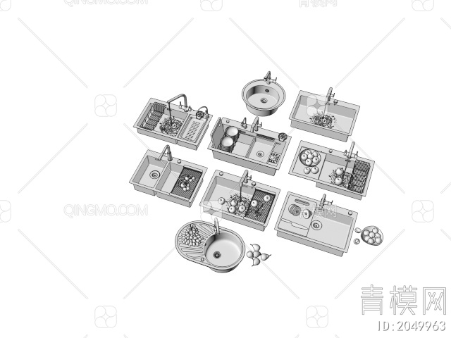 厨房水槽 嵌入式水槽 洗菜盆 水龙头3D模型下载【ID:2049963】