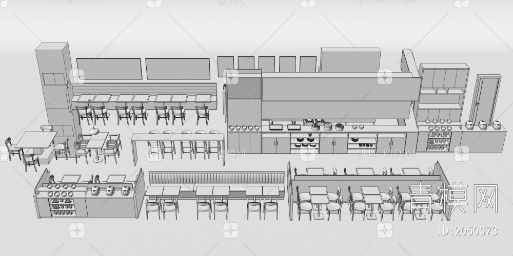 餐厅档口 卡座 调料台 吧台 餐厅桌椅组合3D模型下载【ID:2050073】