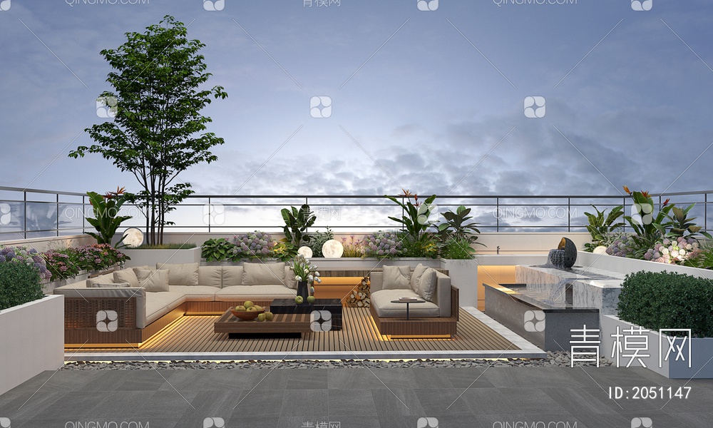 屋顶花园 阳台景观 户外庭院 植物组合 黄昏阳台 露台景观3D模型下载【ID:2051147】