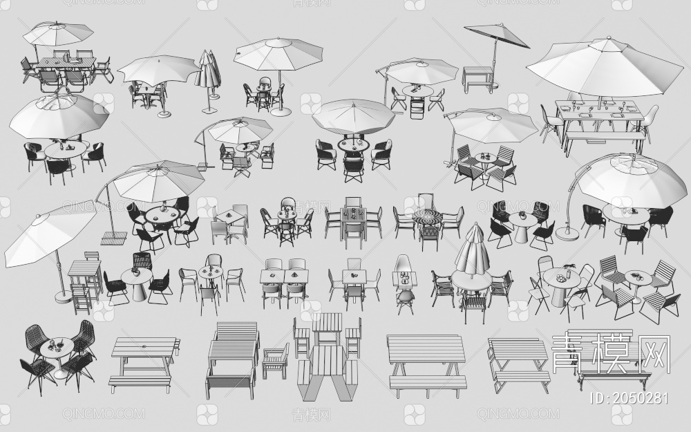 户外桌椅 太阳伞桌椅3D模型下载【ID:2050281】