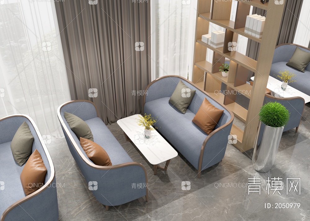 休闲区沙发 洽谈区沙发茶几组合 花艺 绿植  沙发茶几组合3D模型下载【ID:2050979】