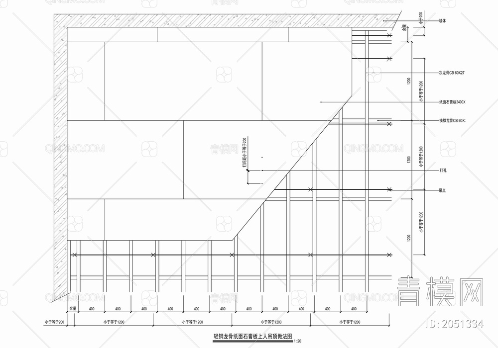 轻钢龙骨石膏板吊顶施工节点详图 石膏板吊顶 上人轻钢龙骨  吊顶剖面【ID:2051334】