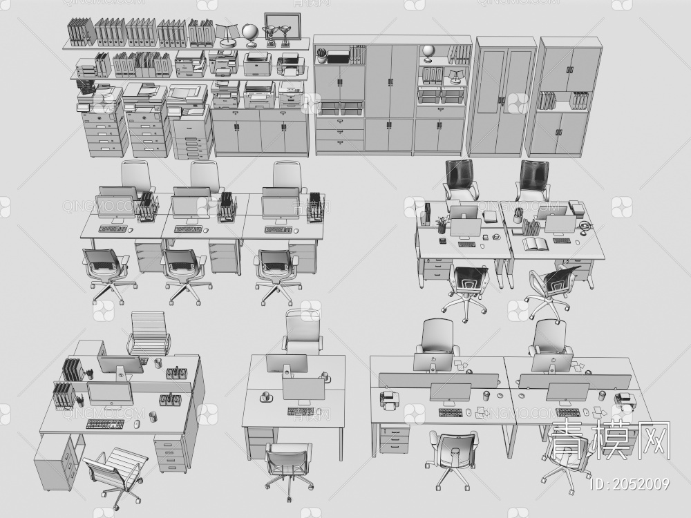 办公室桌椅 档案柜 打印机设备3D模型下载【ID:2052009】