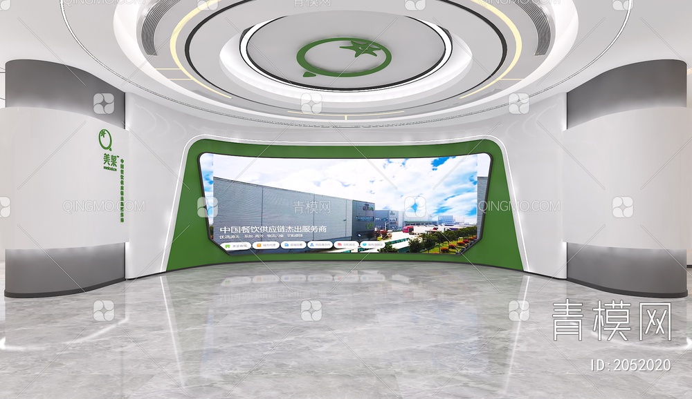 绿色生态农业展厅 LED拼接大屏 互动触摸一体机 造型树 产品展示台3D模型下载【ID:2052020】
