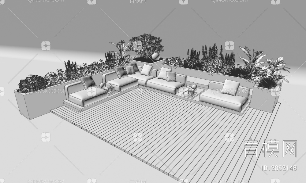 户外座椅小景   屋顶花园座椅  球形灌木 带花灌木植物组合3D模型下载【ID:2052148】