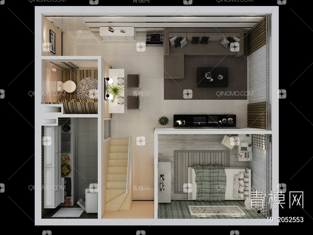 家装样板房loft鸟瞰3D模型下载【ID:2052553】