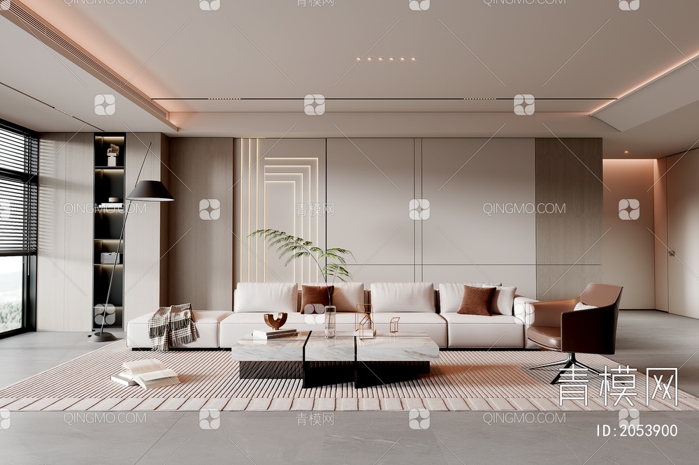 家居客厅 客厅 茶几组合 沙发背景墙 落地灯 极简客厅3D模型下载【ID:2053900】