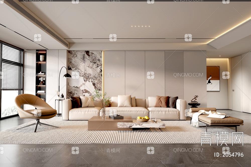 家居客厅 客厅 茶几组合 沙发背景墙 落地灯 极简客厅3D模型下载【ID:2054796】