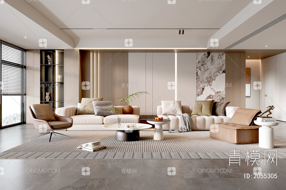 家居客厅 客厅 沙发茶几组合 沙发背景墙 落地灯 极简客厅3D模型下载【ID:2055305】
