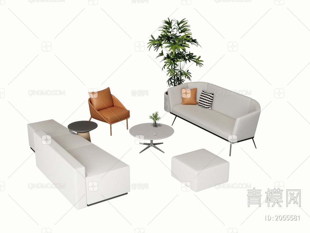 办公休闲沙发茶几组合SU模型下载【ID:2055581】