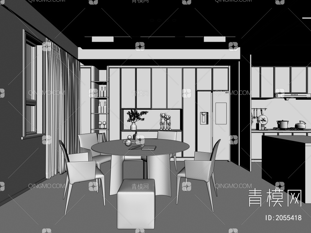餐厅 客厅 客厅 餐厅 厨房 酒柜 餐边柜 餐桌3D模型下载【ID:2055418】