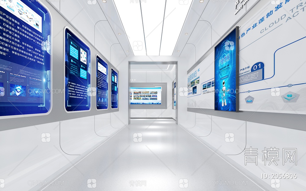 科技产业园区展厅 电子数字沙盘 滑轨屏 互动触摸一体机 荣誉柜3D模型下载【ID:2056806】
