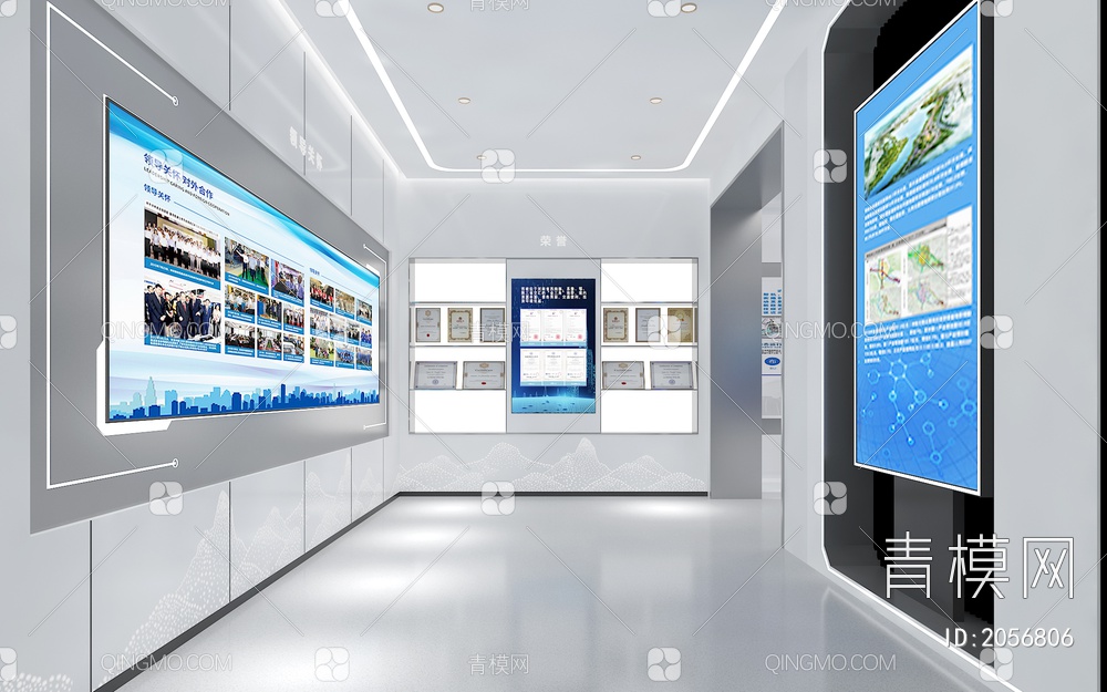 科技产业园区展厅 电子数字沙盘 滑轨屏 互动触摸一体机 荣誉柜3D模型下载【ID:2056806】