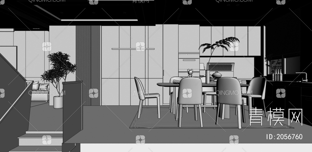 餐厅 厨房 餐桌 客厅 楼梯 餐边柜3D模型下载【ID:2056760】