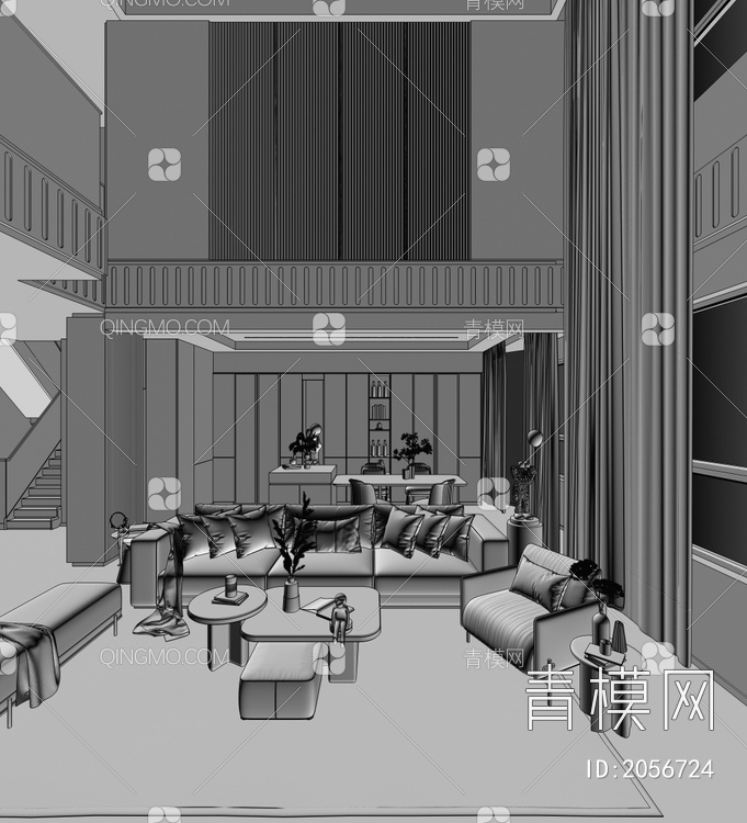 别墅客厅 客厅 餐厅 酒柜 展示柜 餐边柜 楼梯 沙发3D模型下载【ID:2056724】