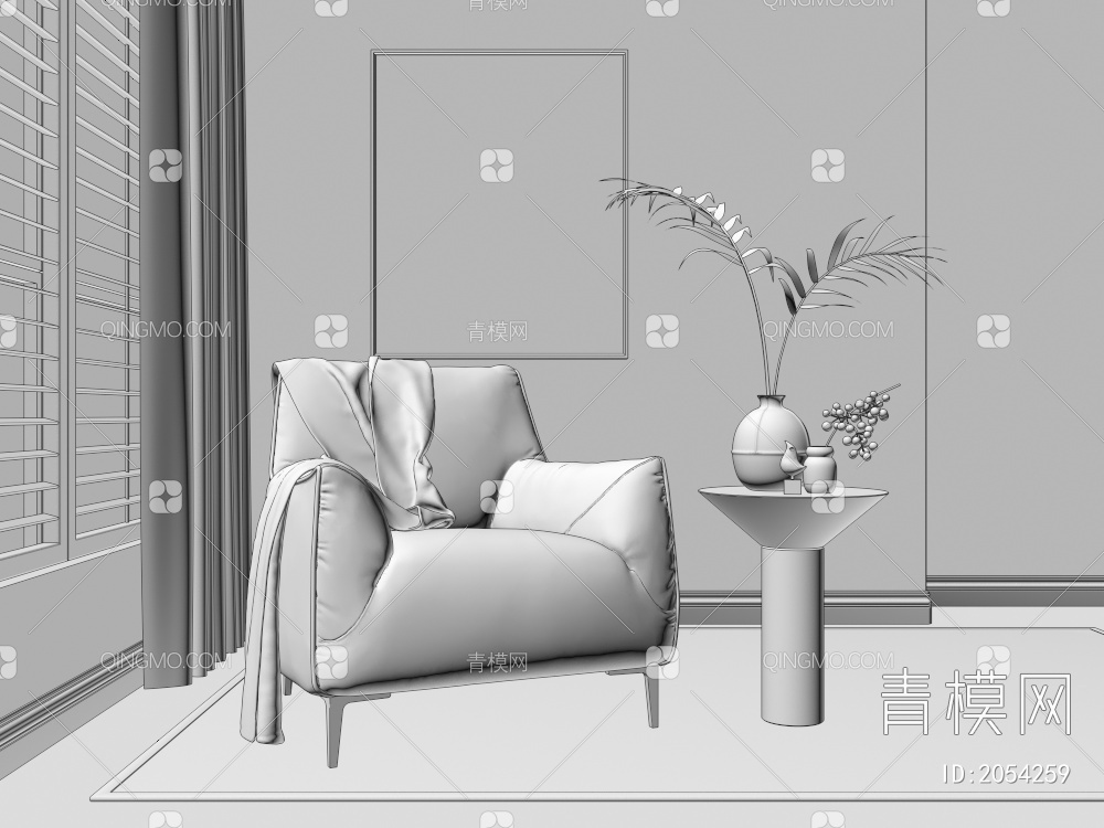 单人黑色皮革休闲沙发 茶几组合3D模型下载【ID:2054259】