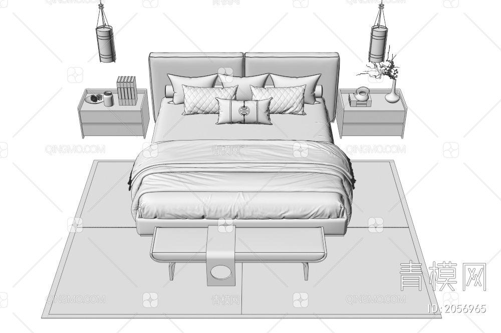 双人床 床头柜  吊灯3D模型下载【ID:2056965】