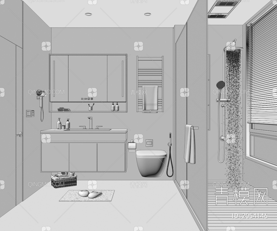 家居卫生间 浴室 厕所 洗手台 浴室柜 毛巾架 镜子 淋浴房 花洒3D模型下载【ID:2054146】