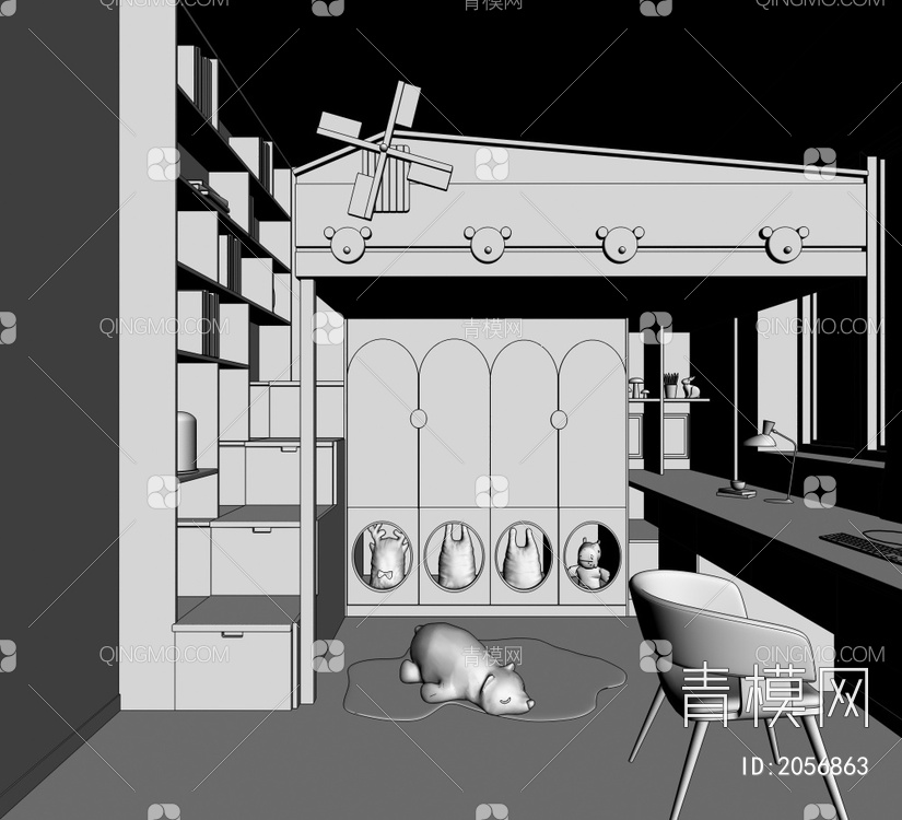 儿童房 上床 下柜 写字桌 书架3D模型下载【ID:2056863】