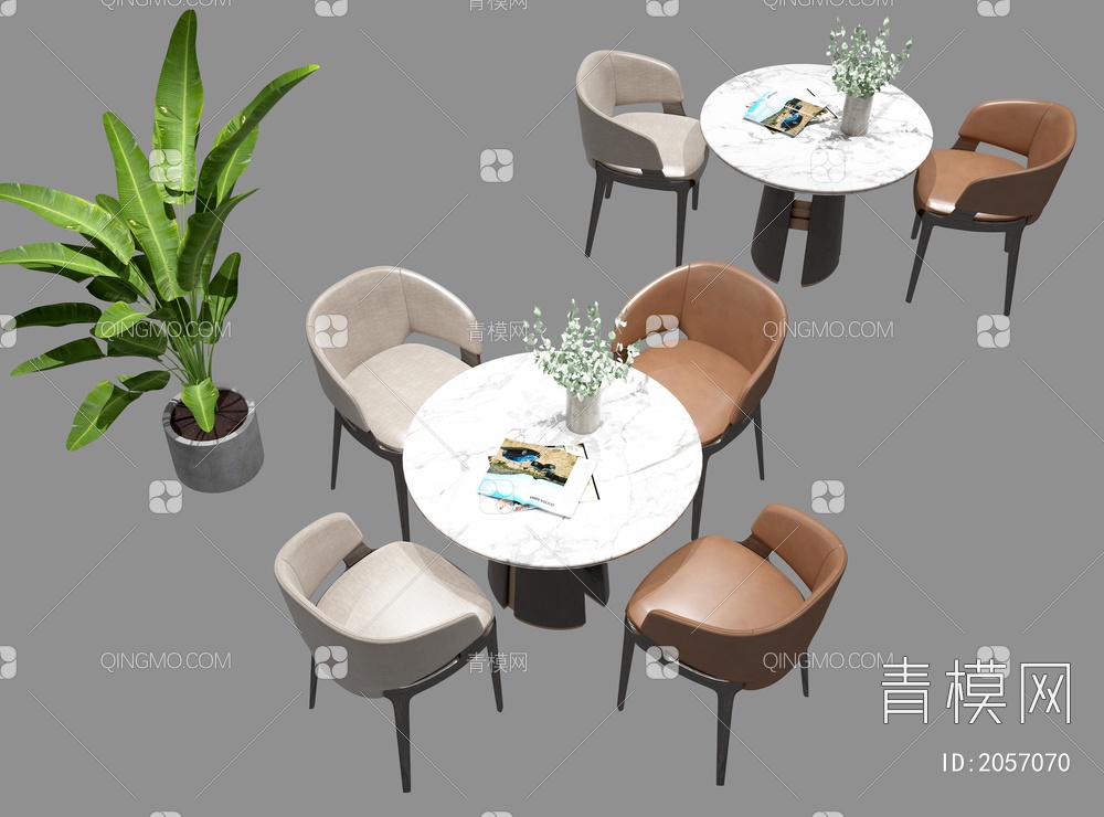 洽谈桌椅组合 休闲桌椅  洽谈桌  洽谈椅  绿植 洽谈圆桌3D模型下载【ID:2057070】