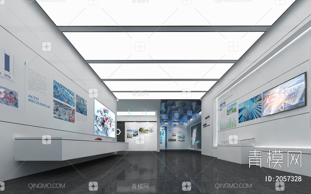 科技企业展厅 互动触摸一体机 浮雕墙 展示台 LED拼接大屏3D模型下载【ID:2057328】