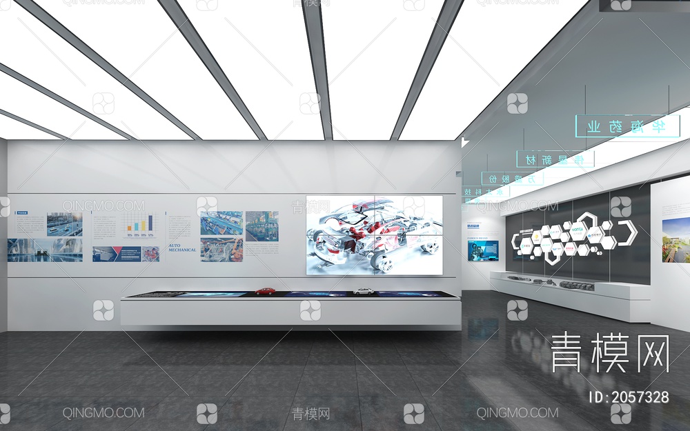科技企业展厅 互动触摸一体机 浮雕墙 展示台 LED拼接大屏3D模型下载【ID:2057328】