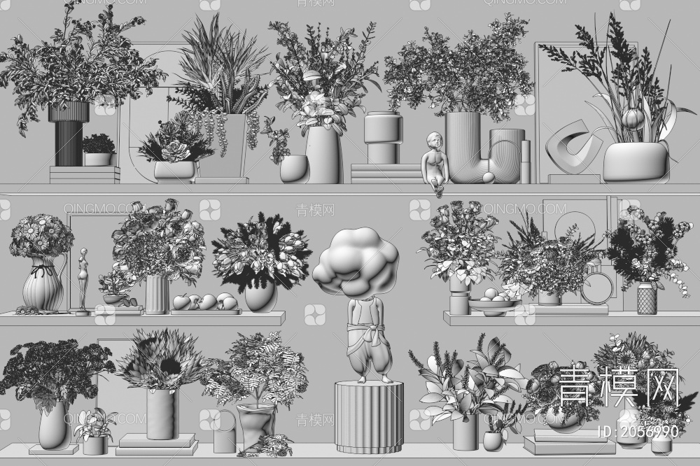 花瓶花卉摆件组合3D模型下载【ID:2056990】