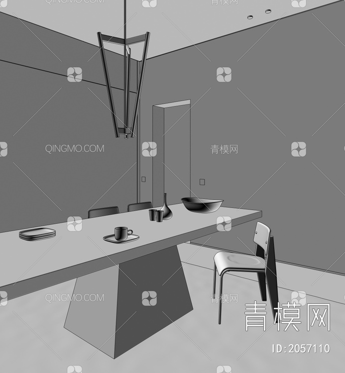 极简餐厅 餐桌椅 吊灯3D模型下载【ID:2057110】