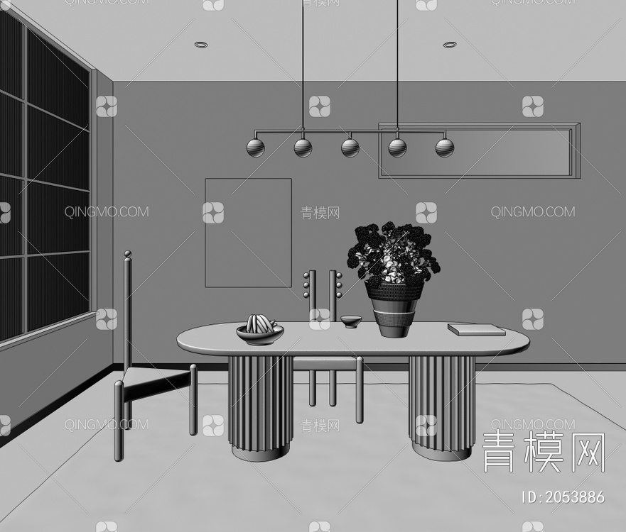 极简餐厅 餐桌椅 吊灯 挂画3D模型下载【ID:2053886】
