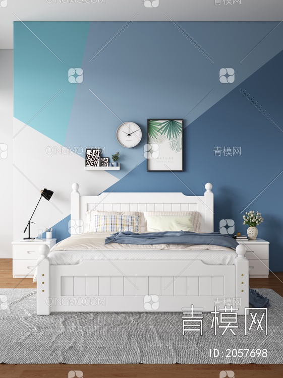卧室 实木双人床 床头柜组合3D模型下载【ID:2057698】