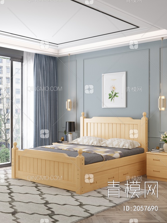 卧室 实木双人床 床头柜组合3D模型下载【ID:2057690】